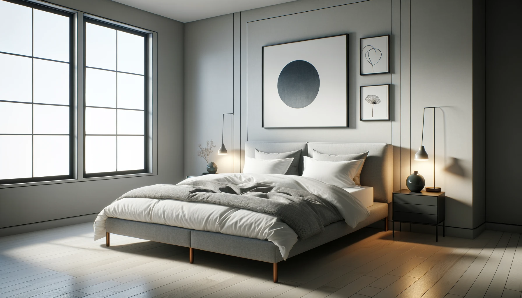 DALL·E 2024-01-08 19.20.40 - Create a high-resolution image of a modern minimalist bedroom. The room has light grey walls and a large window with diffused lighting suggestin